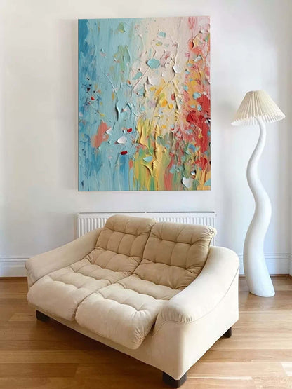 Vibrant Abstract Oil Painting with Textured Layers and Soft Color Palette