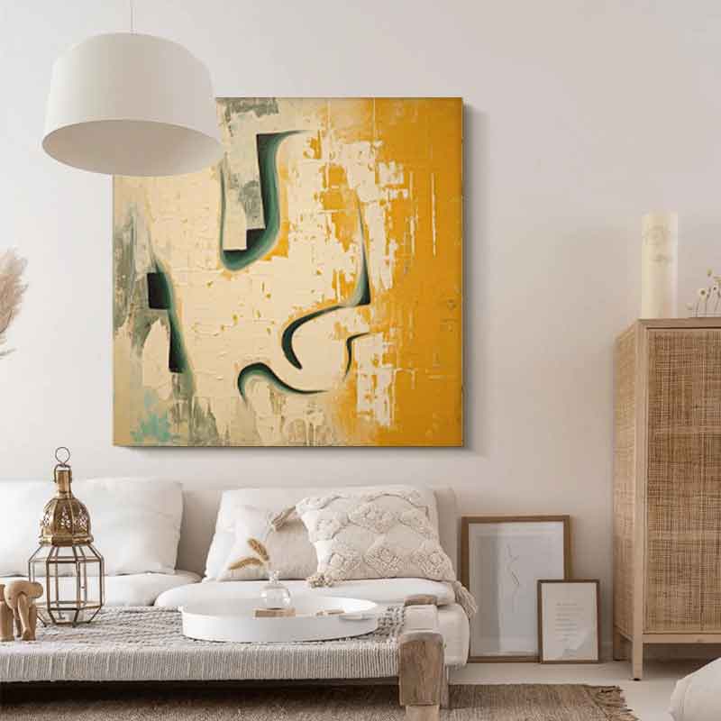 Abstract Minimalist Oil Painting with Yellow and Green Accents for Modern Spaces