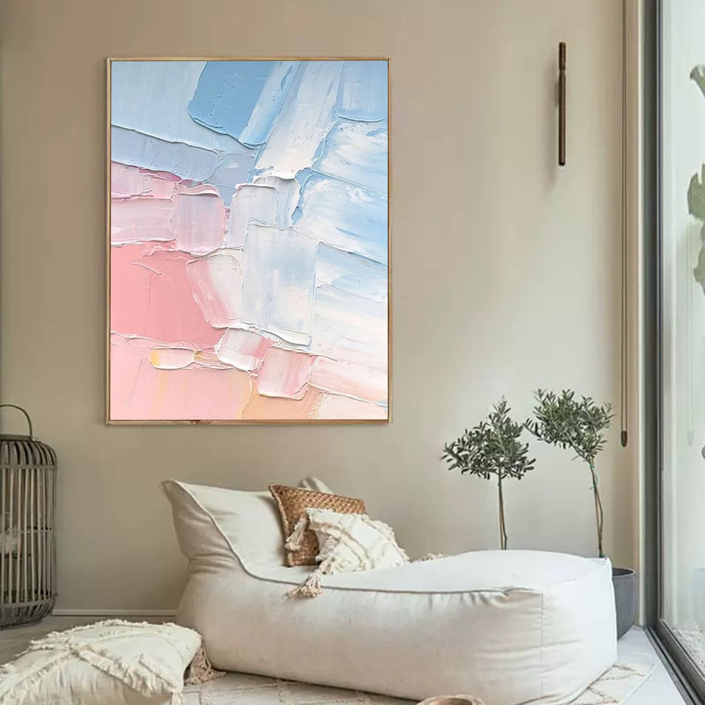 Serene Abstract Oil Painting in Soft Blue and Pink Hues for Modern Decor