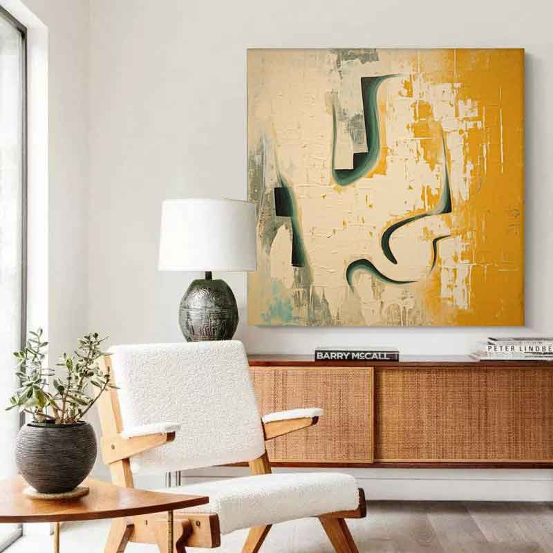 Abstract Minimalist Oil Painting with Yellow and Green Accents for Modern Spaces