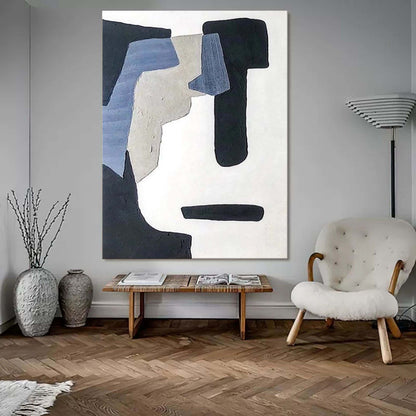 Modern Abstract Oil Painting with Gaunt Faces in Black and Blue Hues