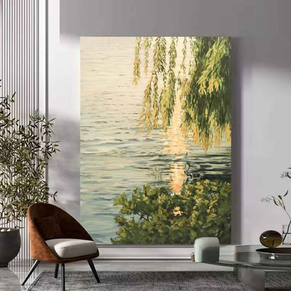 Tranquil Watercolor Landscape Oil Painting with Reflections and Greenery