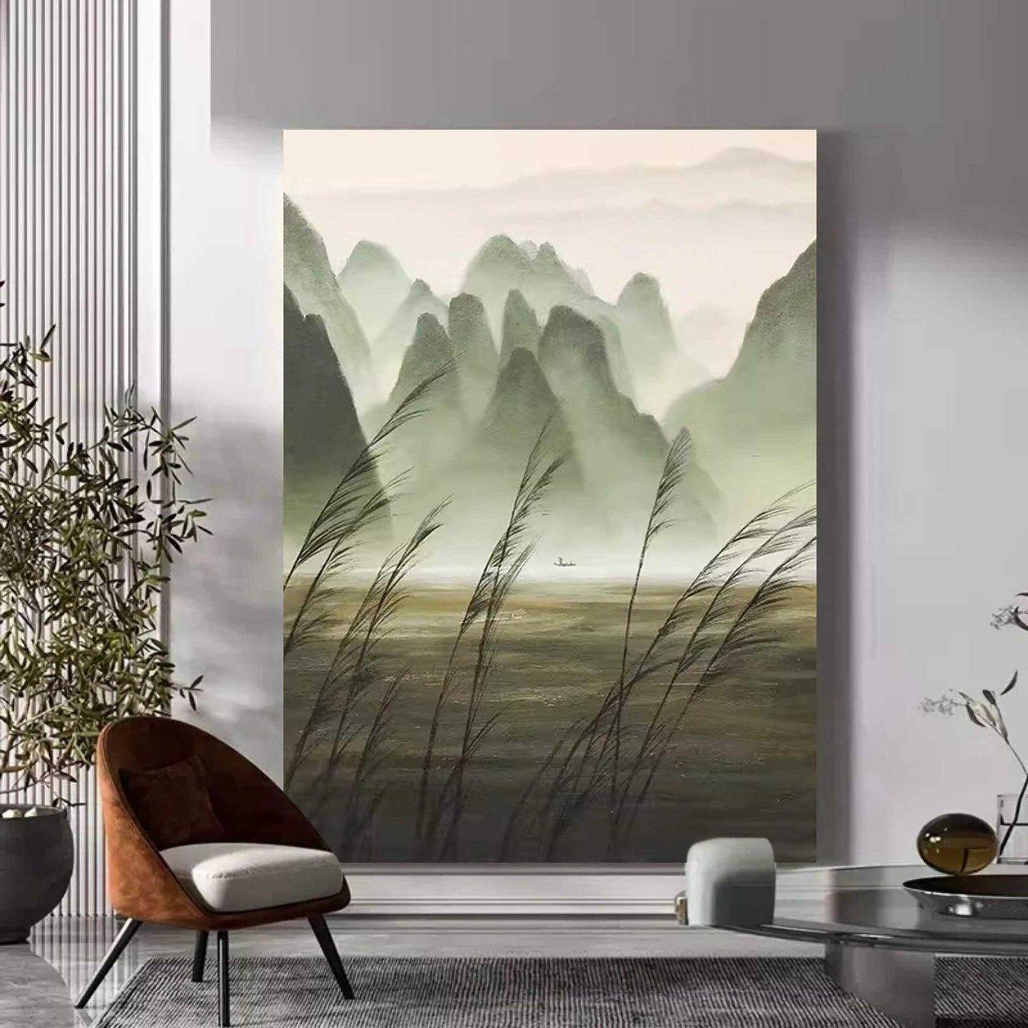 Serene Mountain Landscape Oil Painting with Tranquil Water Reflections