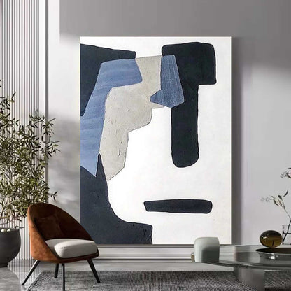 Modern Abstract Oil Painting with Gaunt Faces in Black and Blue Hues