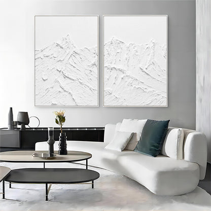 Textured White Abstract Mountain Art - Set of Two Oil Paintings for Contemporary Decor