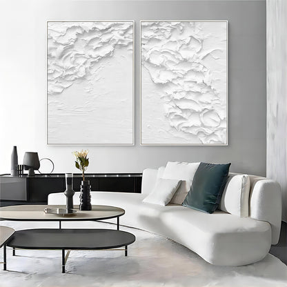 Modern Textured White Abstract Oil Painting Pair for Contemporary Decor