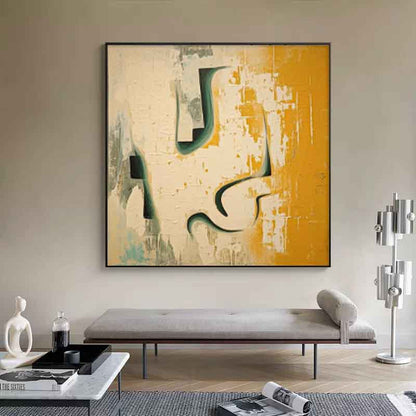 Abstract Minimalist Oil Painting with Yellow and Green Accents for Modern Spaces