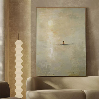 Serene Minimalist Landscape with a Rowboat – Tranquil Oil Painting for Home Décor