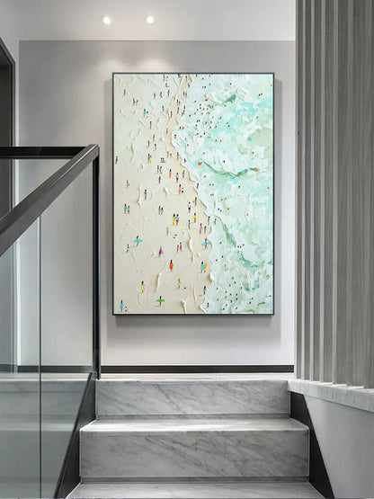 Vibrant Beach Scene Oil Painting with Textured Ocean Waves and Colorful Bathers