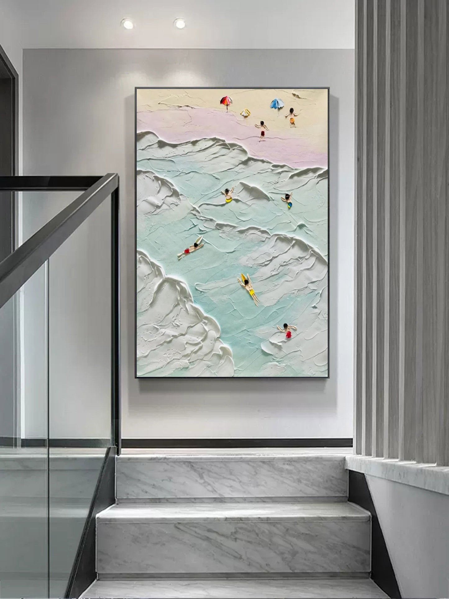Vibrant Beach Scene Oil Painting with Textured Waves and Sunbathers