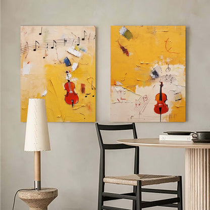 Vibrant Abstract Oil Painting with Violins and Musical Notes in Bright Yellow