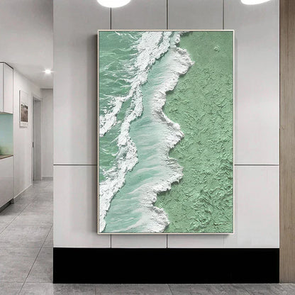 Textured Green Ocean Shoreline Oil Painting for Coastal Home Décor
