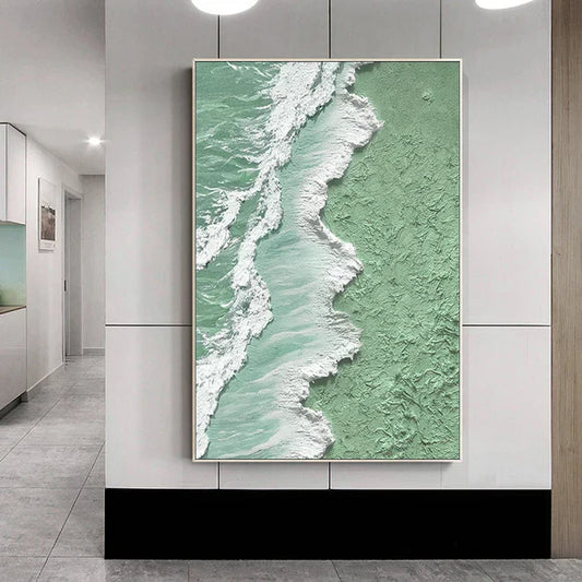 Textured Green Ocean Shoreline Oil Painting for Coastal Home Décor