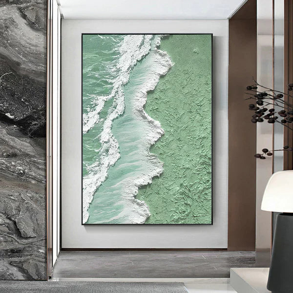 Textured Green Ocean Shoreline Oil Painting for Coastal Home Décor