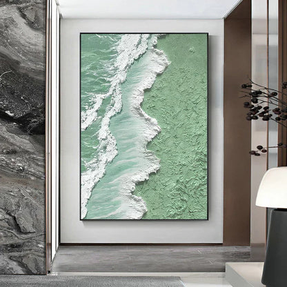 Textured Green Ocean Shoreline Oil Painting for Coastal Home Décor
