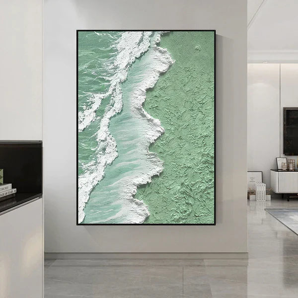 Textured Green Ocean Shoreline Oil Painting for Coastal Home Décor