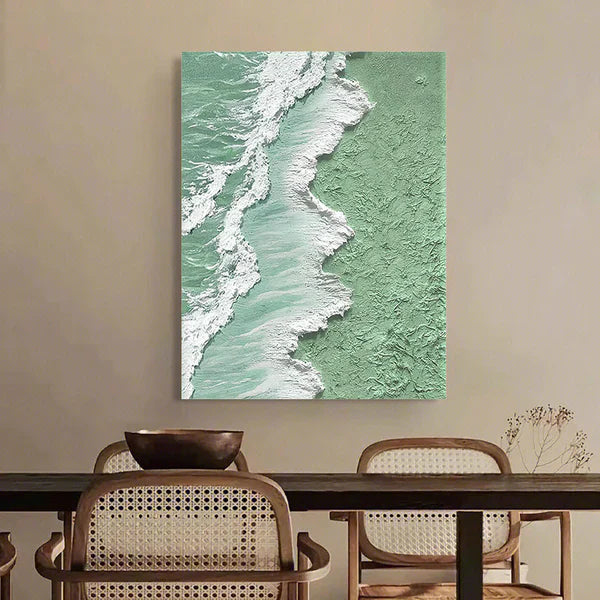 Textured Green Ocean Shoreline Oil Painting for Coastal Home Décor