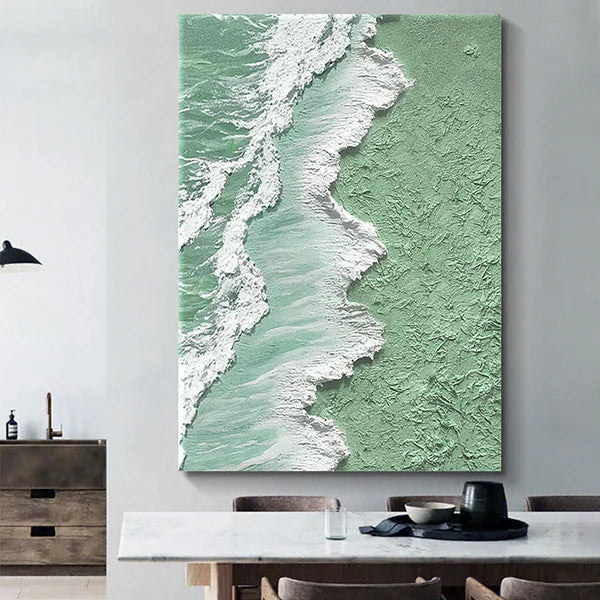 Textured Green Ocean Shoreline Oil Painting for Coastal Home Décor