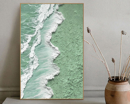 Textured Green Ocean Shoreline Oil Painting for Coastal Home Décor