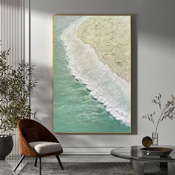 Tranquil Coastal Ocean Shoreline Oil Painting for Serene Home Décor