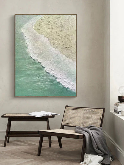 Tranquil Coastal Ocean Shoreline Oil Painting for Serene Home Décor