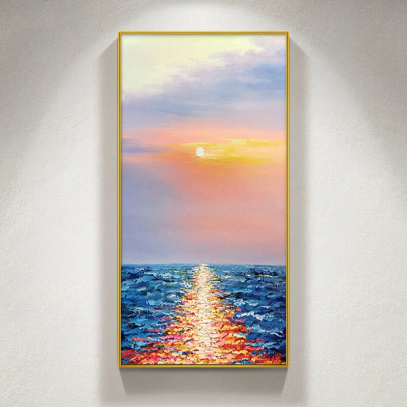 Tranquil Sunset Over Ocean Waves - Beautiful Oil Painting for Coastal Decor