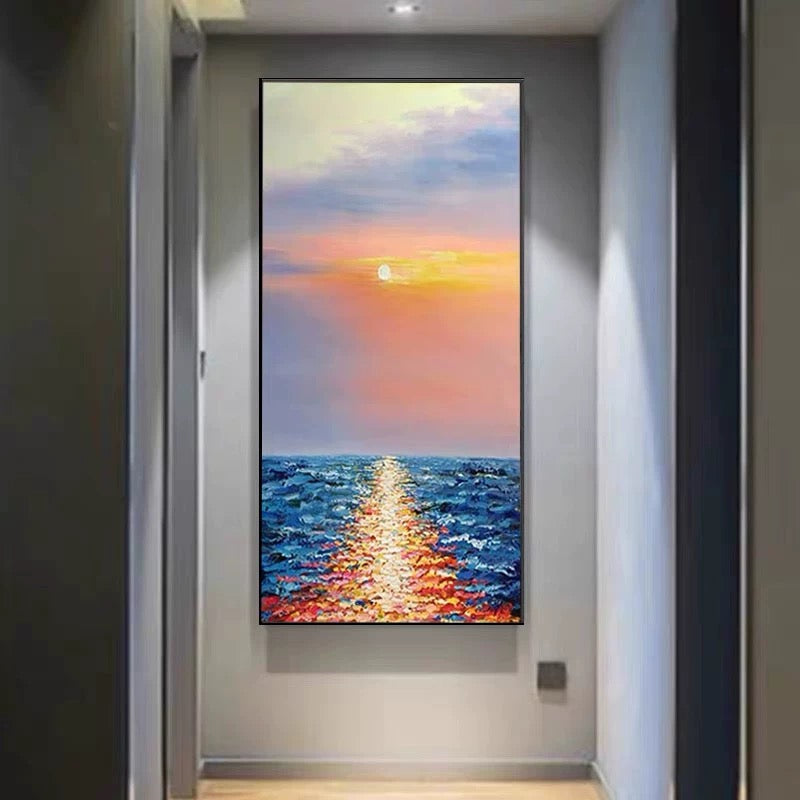 Tranquil Sunset Over Ocean Waves - Beautiful Oil Painting for Coastal Decor