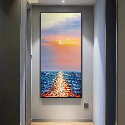 Tranquil Sunset Over Ocean Waves - Beautiful Oil Painting for Coastal Decor