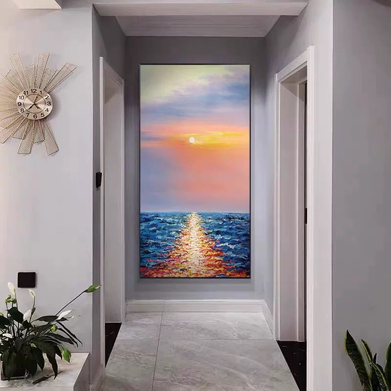 Tranquil Sunset Over Ocean Waves - Beautiful Oil Painting for Coastal Decor