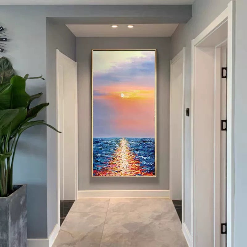 Tranquil Sunset Over Ocean Waves - Beautiful Oil Painting for Coastal Decor