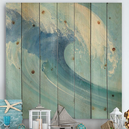 Ocean Wave Art - Handpainted Coastal Scene with White Foam on Pine Wood