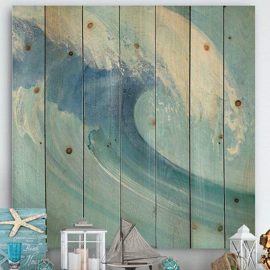 Ocean Wave Art - Handpainted Coastal Scene with White Foam on Pine Wood