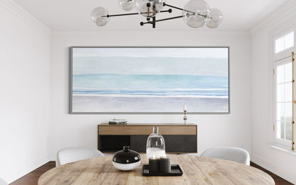 Tranquil Coastal Horizon: Serene Blue Seascape Oil Painting for Home Decor