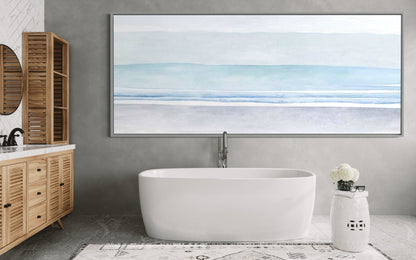 Tranquil Coastal Horizon: Serene Blue Seascape Oil Painting for Home Decor