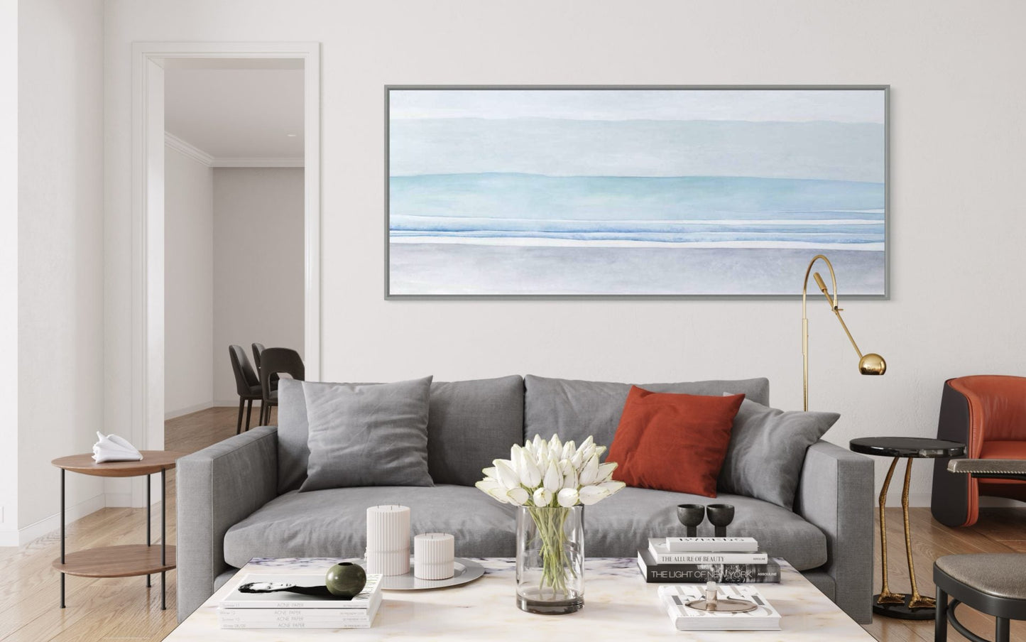 Tranquil Coastal Horizon: Serene Blue Seascape Oil Painting for Home Decor