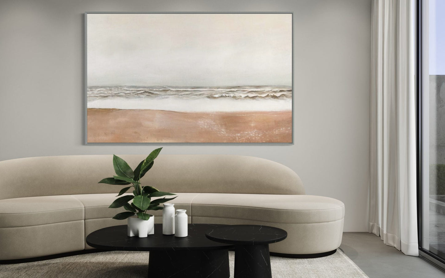 Serene Coastal Landscape Oil Painting, Beach Waves and Soft Sand Decor