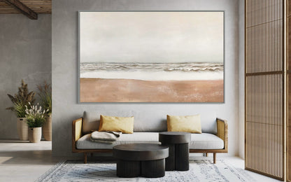 Serene Coastal Landscape Oil Painting, Beach Waves and Soft Sand Decor