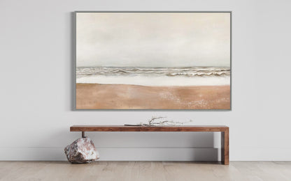Serene Coastal Landscape Oil Painting, Beach Waves and Soft Sand Decor