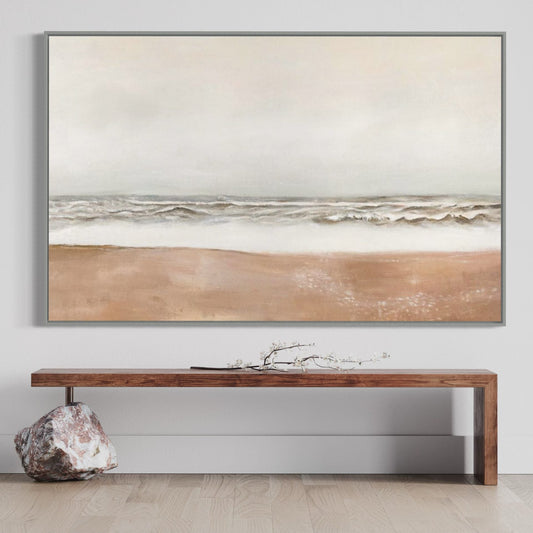 Serene Coastal Landscape Oil Painting, Beach Waves and Soft Sand Decor