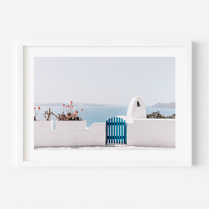 Serene Oia Landscape with Blue Gate and Coastal Views - Oil Painting
