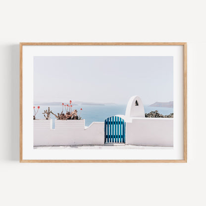 Serene Oia Landscape with Blue Gate and Coastal Views - Oil Painting