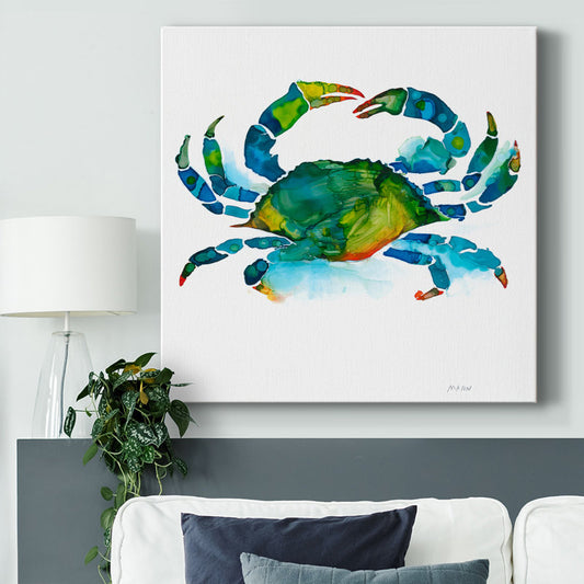 Vibrant Blue and Green Crab Oil Painting on Canvas for Coastal Home Decor