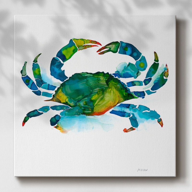 Vibrant Blue and Green Crab Oil Painting on Canvas for Coastal Home Decor