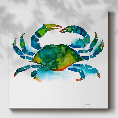 Vibrant Blue and Green Crab Oil Painting on Canvas for Coastal Home Decor