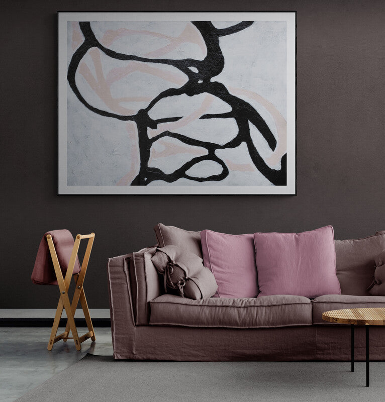Contemporary Abstract Oil Painting in Black and Soft Pink Tones for Modern Decor
