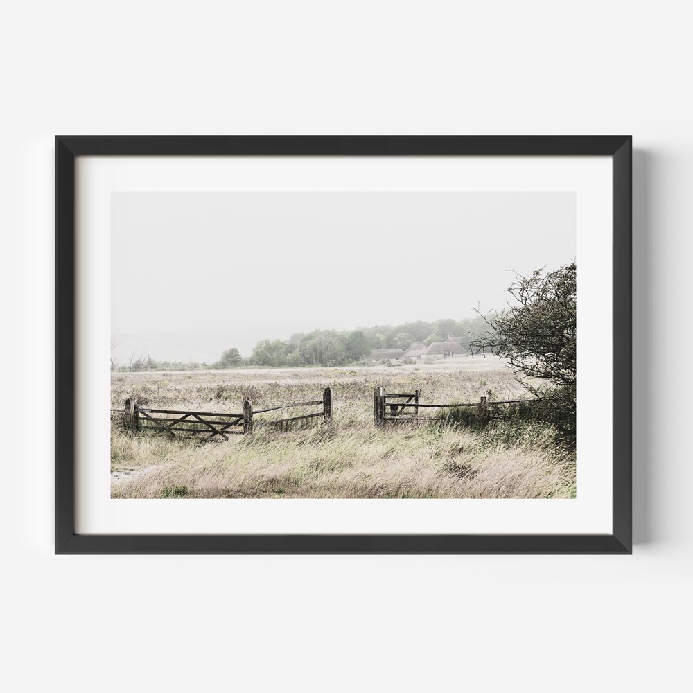 Serene Landscape with Open Gate and Lush Green Meadows in Soft Pastel Tones