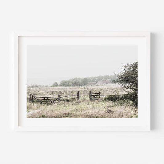 Serene Landscape with Open Gate and Lush Green Meadows in Soft Pastel Tones