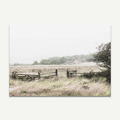 Serene Landscape with Open Gate and Lush Green Meadows in Soft Pastel Tones