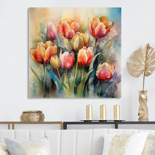 Vibrant Tulip Bouquet: Captivating Orange and Pink Floral Oil Painting