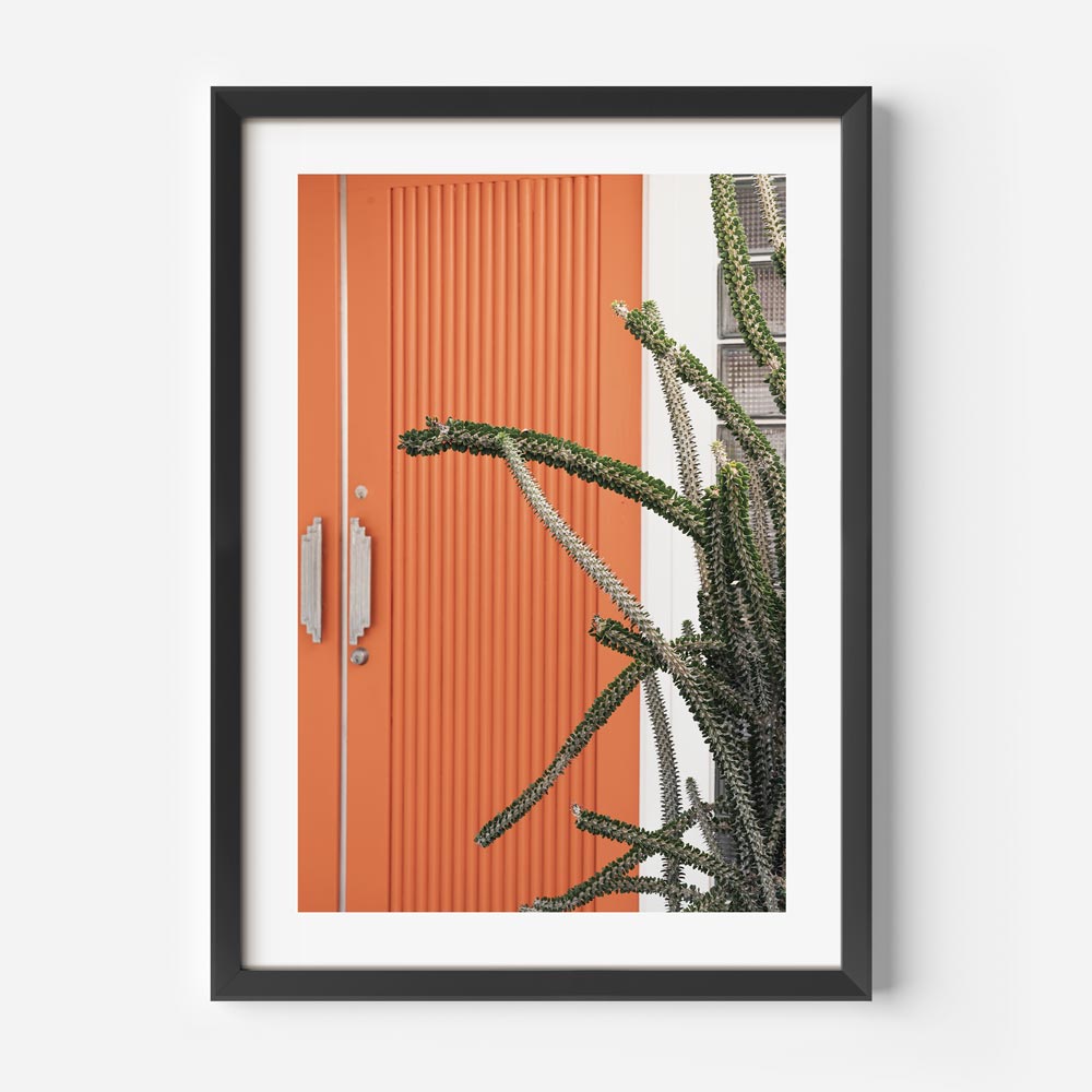 Vibrant Orange Door with Cactus – Modern Botanical Oil Painting for Home Decor